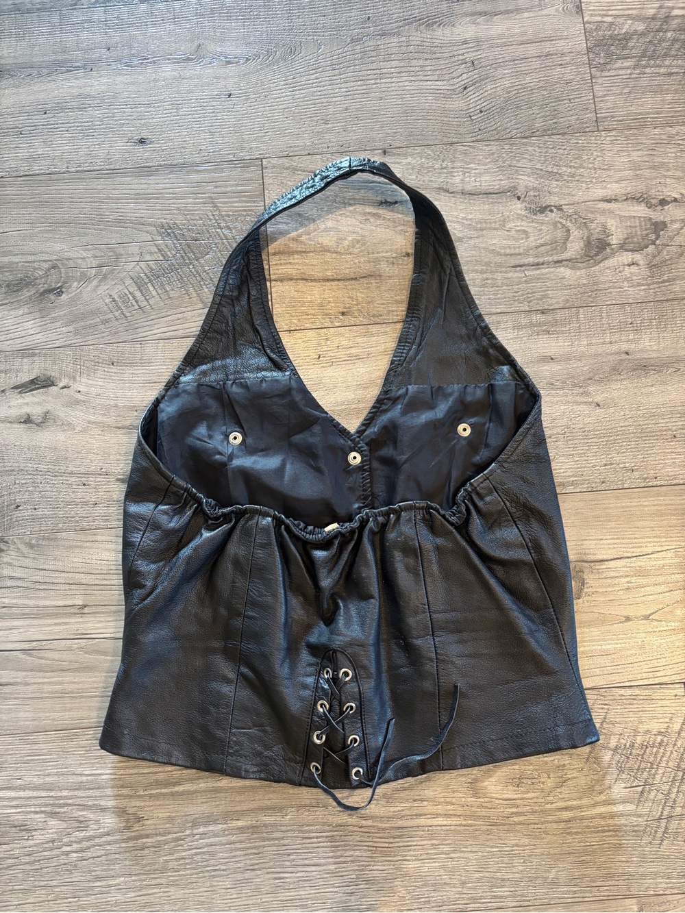 Vintage Black Genuine Leather Halter Vest Corset Top Women’s Motorcycle Western - Picture 2 of 2
